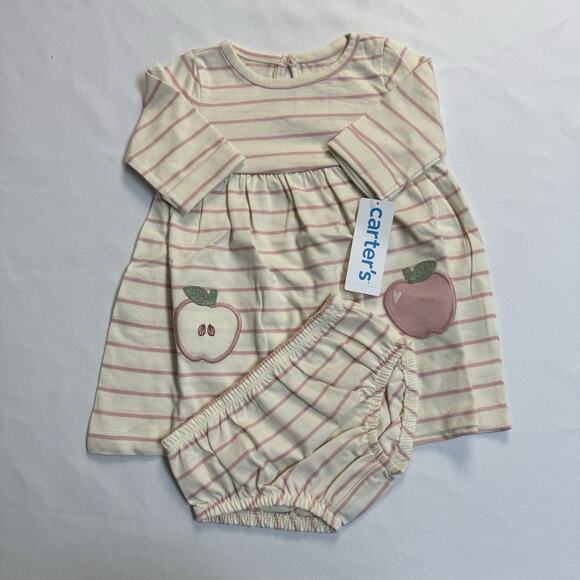 Carter's Striped Apple Dress with Underpants Baby Girls Size 9 Months Cream Pink - Picture 2 of 8